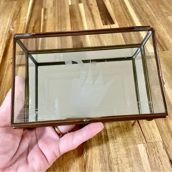 Vintage Etched Glass & Brass Frame Footed Jewelry Vanity Box Mirror 1970’s Swan - Picture 1 of 11